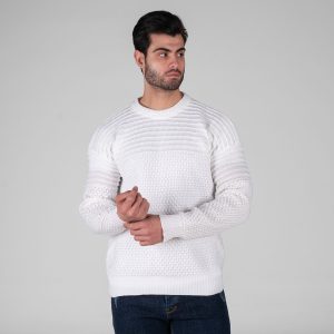 بافت مردانه یقه گرد سفید فری سایز طرح دار مدل 49316