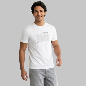 تیشرت یقه گرد مردانه سفید نخ پنبه طرح دار مدل 50007