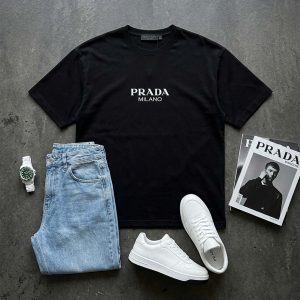 تیشرت Prada یقه گرد مردانه مشکی دورس پنبه طرح دار مدل 49673