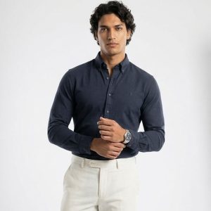پیراهن پنبه مردانه آستین بلند ساده سرمه ای Polo مدل 49813