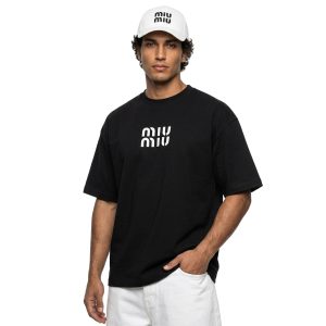 تیشرت miu miu یقه گرد مردانه باکسی مشکی ماکان طرح دار مدل 49762