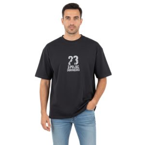تیشرت یقه گرد مردانه باکسی طوسی دو نخ پنبه طرح دار مدل 49622