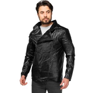 کاپشن چرم مصنوعی اسپرت یقه دار مشکی مدل 46180